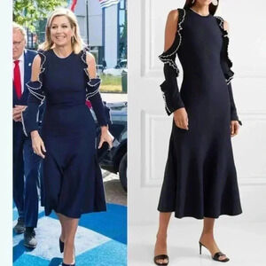 Oscar de la Renta Midi Dress XL Wool Black Cut Out Ruffle Long Sleeve Cocktail